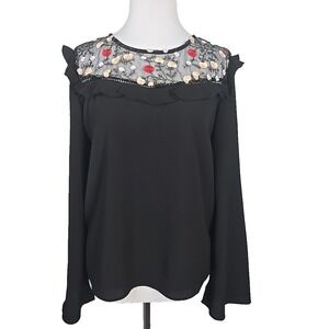 TAKARA Black Chiffon Bell Sleeve Embroidered Mesh Blouse Top Size XL